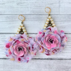 Impatiens Shabby Chic Rosette Drop Statement Earrings