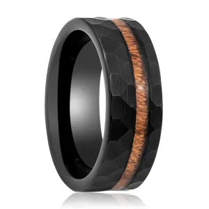 INFERNAL | Black Tungsten Ring, Hammered, Koa Wood Inlay, Flat