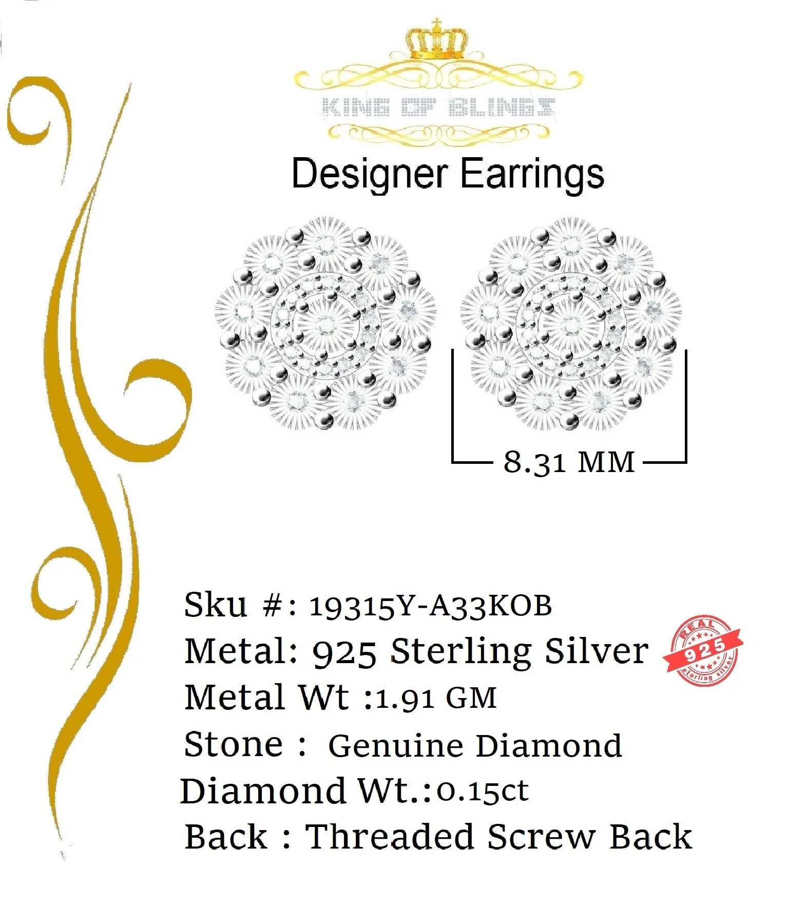 King Of Bling's 0.15ct Diamond 925 Sterling Silver stud Yellow Floral Earrings For Men / Women