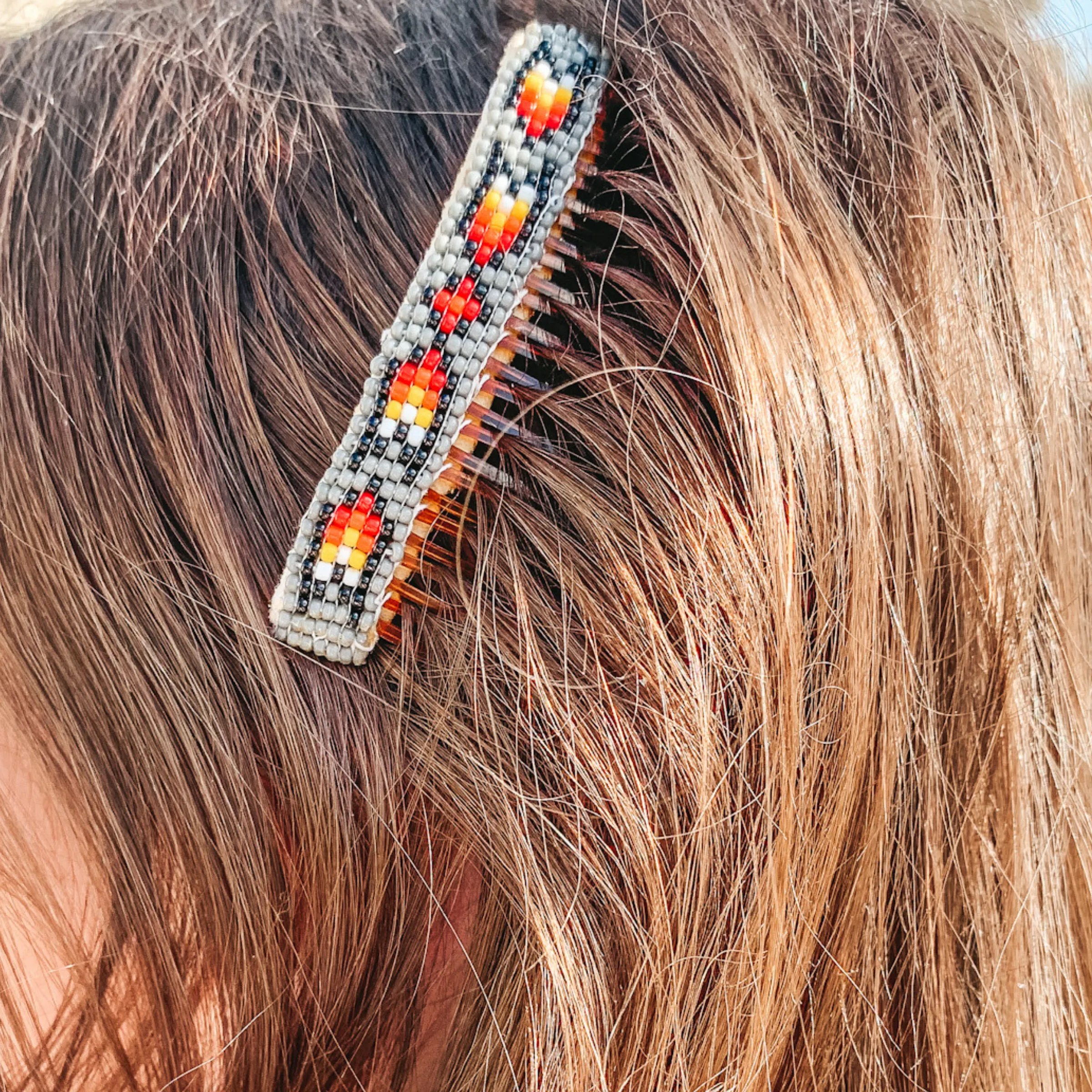 Louisse Yazzie | Navajo Handmade Aztec Beaded Navajo Hair Clip in Grey