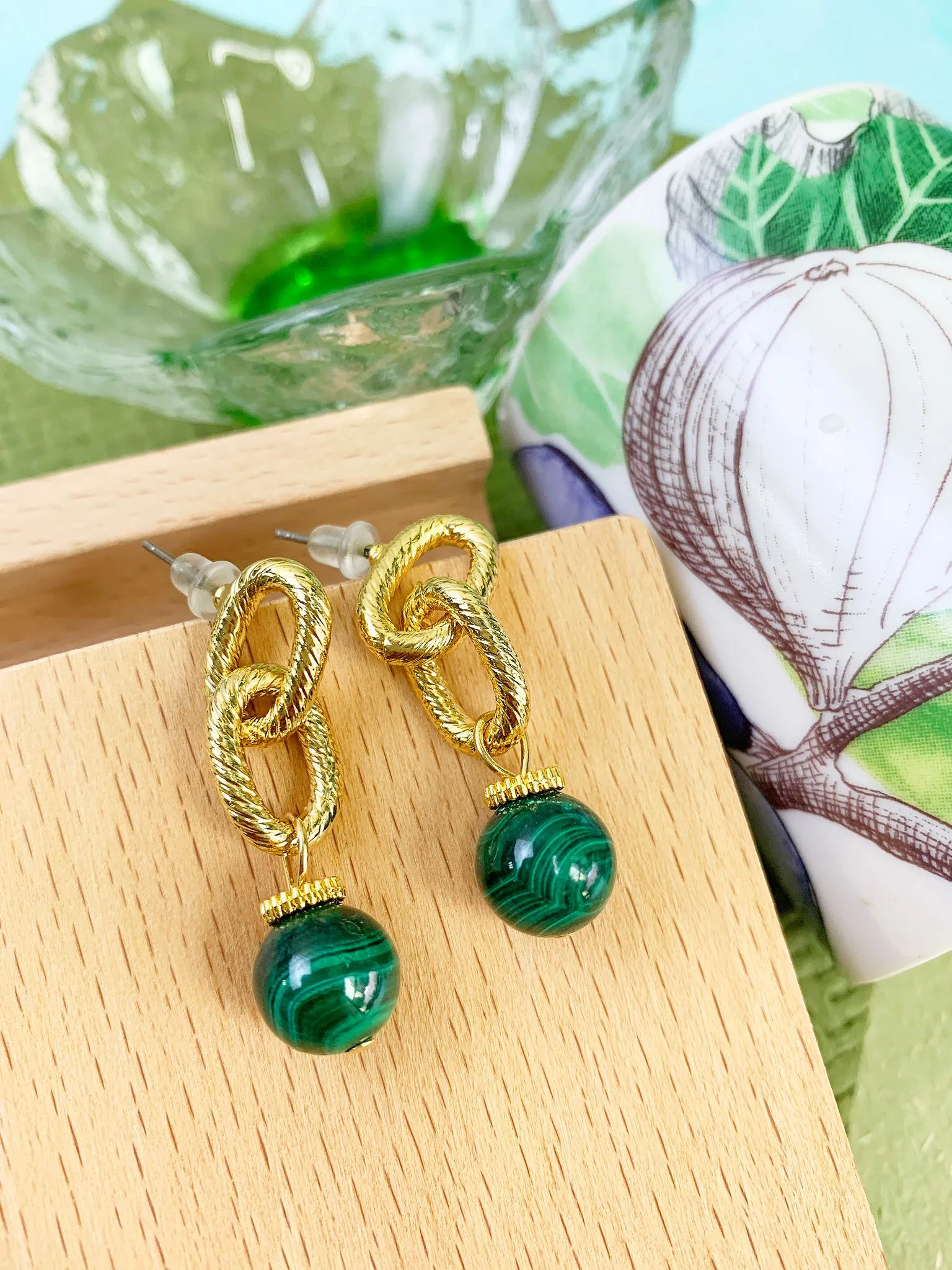 Malachite Chain Minimalist Earrings GE013