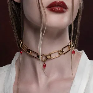 MALEVOLENT. Red Glass Droplet Chunky Chain Choker - Gold