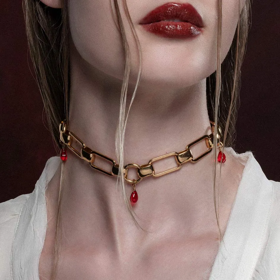 MALEVOLENT. Red Glass Droplet Chunky Chain Choker - Gold