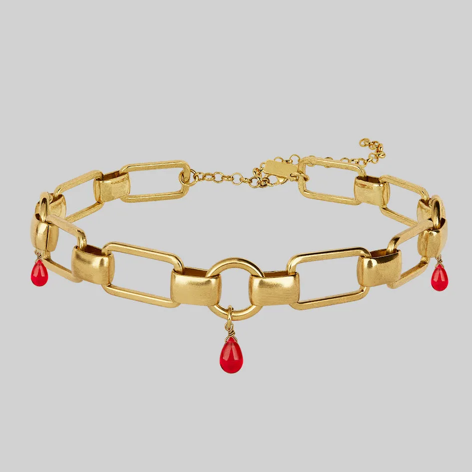 MALEVOLENT. Red Glass Droplet Chunky Chain Choker - Gold