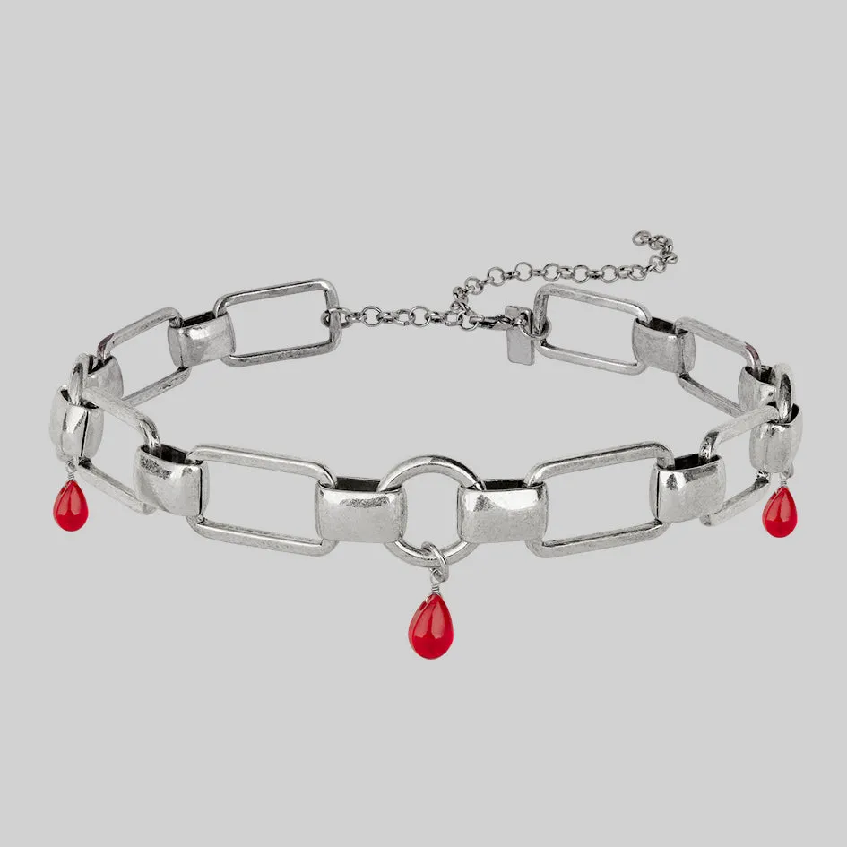 MALEVOLENT. Red Glass Droplet Chunky Chain Choker - Silver