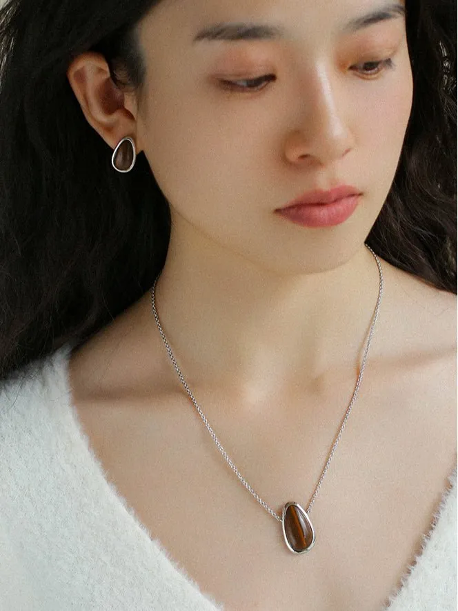 Minimalist 925 Silver Wood Grain Stone Earrings