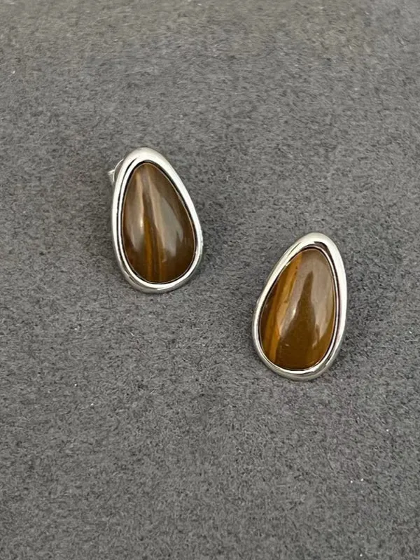 Minimalist 925 Silver Wood Grain Stone Earrings