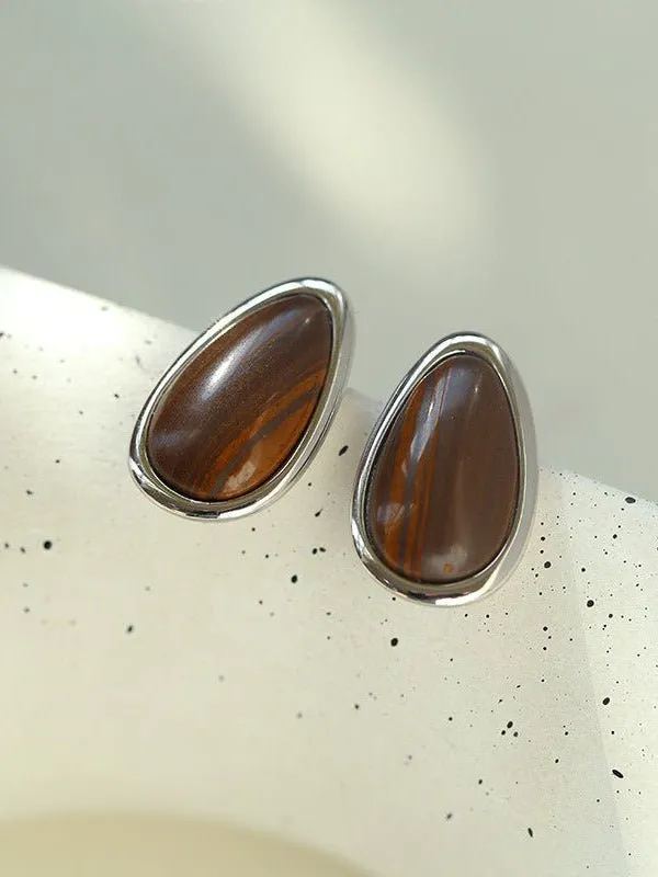 Minimalist 925 Silver Wood Grain Stone Earrings