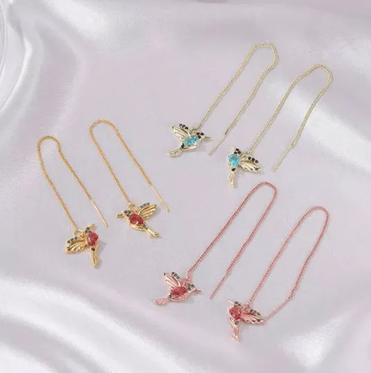 Minimalist - Humming bird dangle threader earrings | colourful chain crystal earrings | minimalist elegant statement earrings | cute kawaii earrings