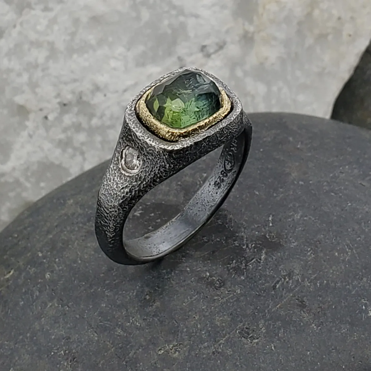 Mountain Plateau Ring with Green Tourmaline and Diamonds