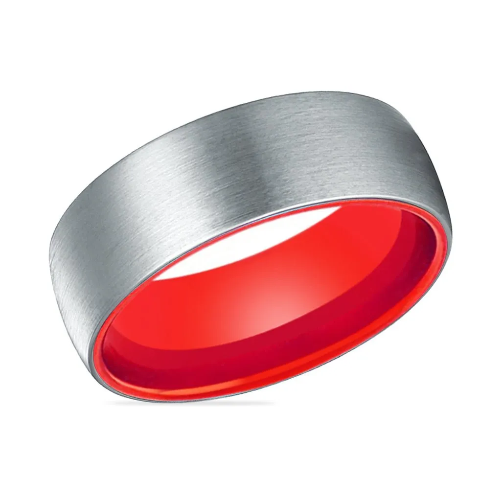 NOBLE | Red Ring, Silver Tungsten Ring, Brushed, Domed