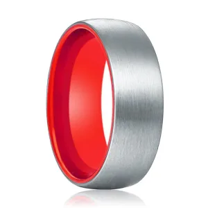 NOBLE | Red Ring, Silver Tungsten Ring, Brushed, Domed