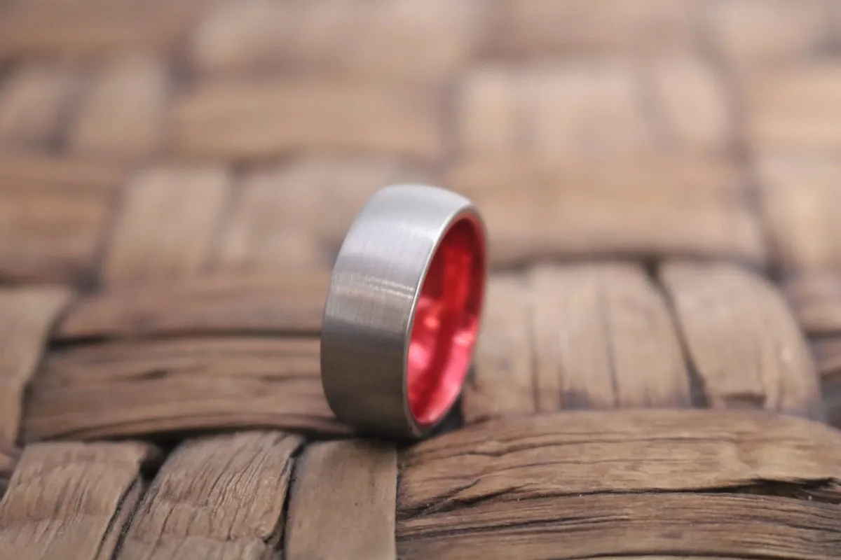 NOBLE | Red Ring, Silver Tungsten Ring, Brushed, Domed