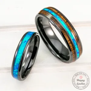 Pair of 3&6mm Black Ceramic Rings with Blue Opal and Hawaiian Koa Wood Inlay - Assorted Design, Dome Shape, Comfort Fitment