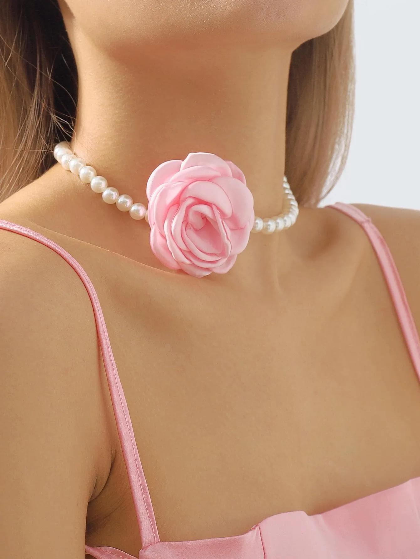 Pink Flower & Faux Pearl Decor Choker Statement Necklace Modern Necklace