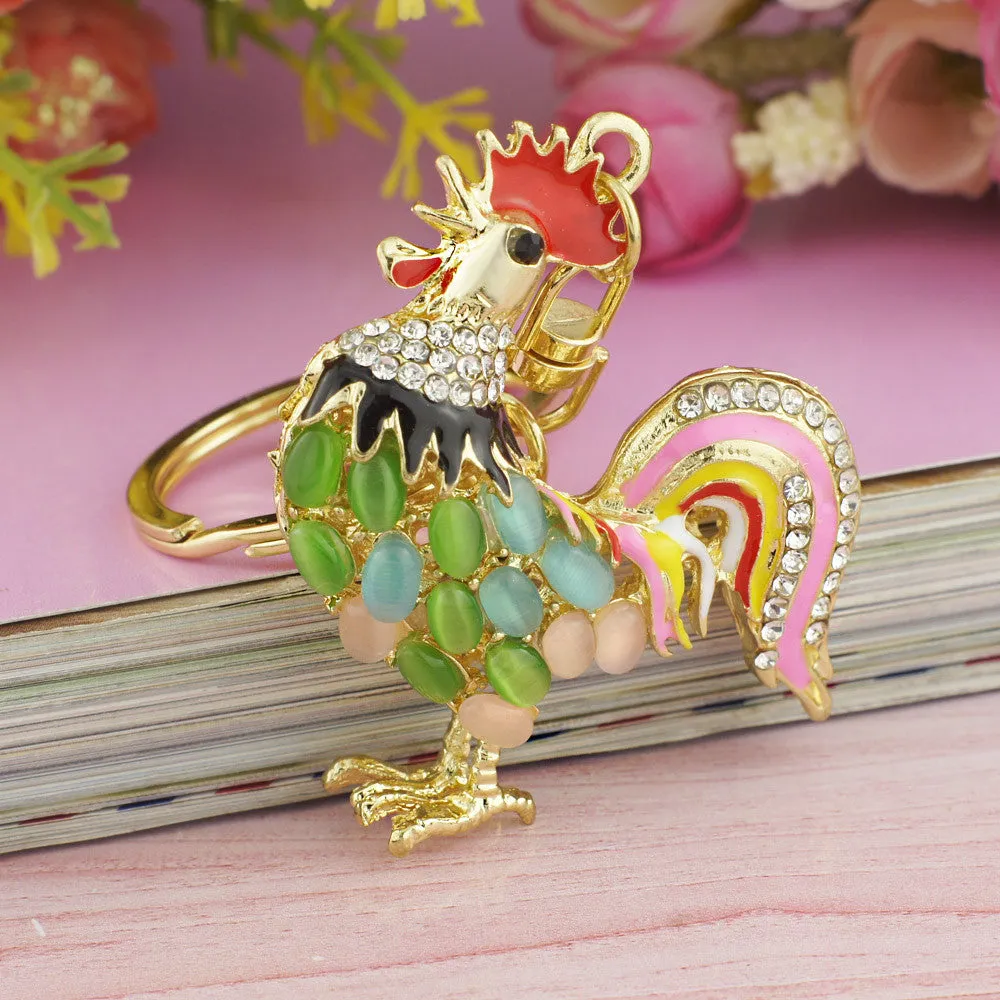 Pretty Chic Opals Cock Rooster Chicken Crystal HandBag Pendant Key ring Keychains Christmas Gift Jewelry