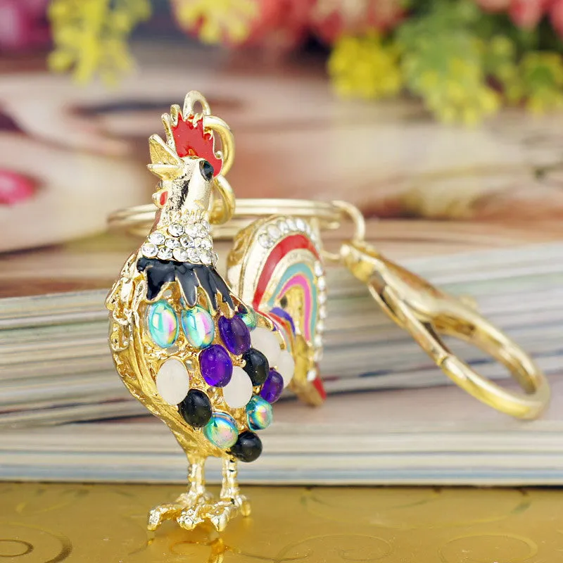 Pretty Chic Opals Cock Rooster Chicken Crystal HandBag Pendant Key ring Keychains Christmas Gift Jewelry