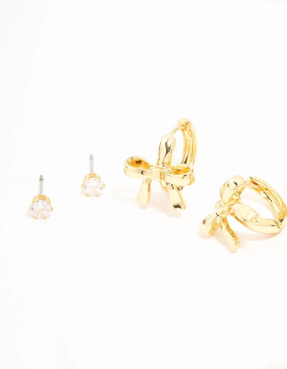 Real Gold Plated Bow & Cubic Zirconia Huggie & Stud Earrings 3-Pack