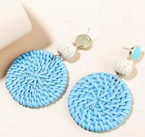 Round-Shaped Rattan Earrings Clip On Dangle Earrings for Women, Handmade