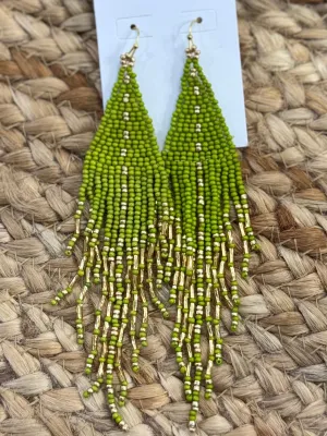 Seed Bead Tassel Earrings in Green