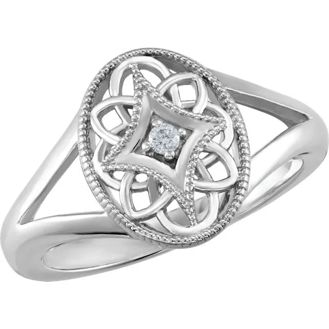 Sterling Silver .025 CTW Diamond Oval Filigree Ring