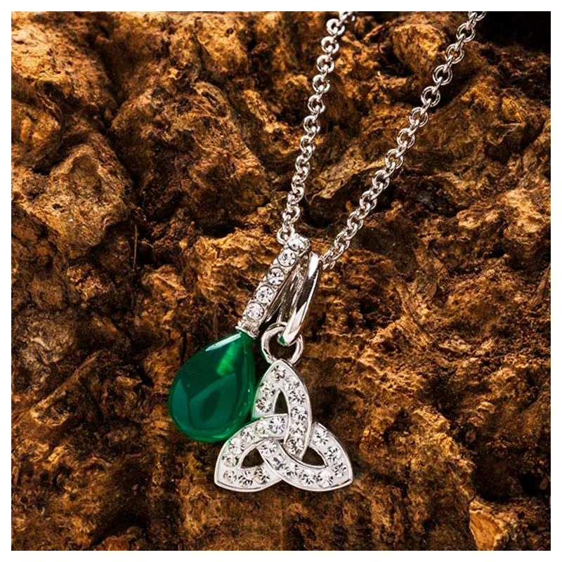 Sterling Silver Crystal and Green Agate Trinity Necklace