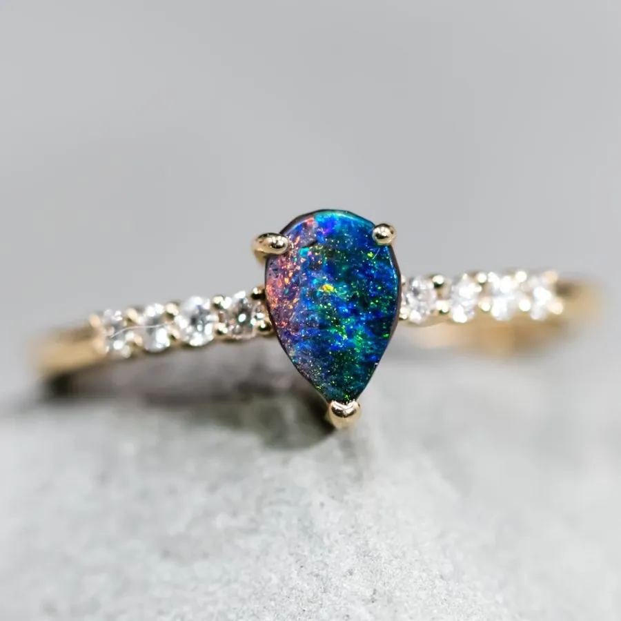 Stylish Two Color Boulder Opal & Diamond Engagement Ring 18K Yellow Gold