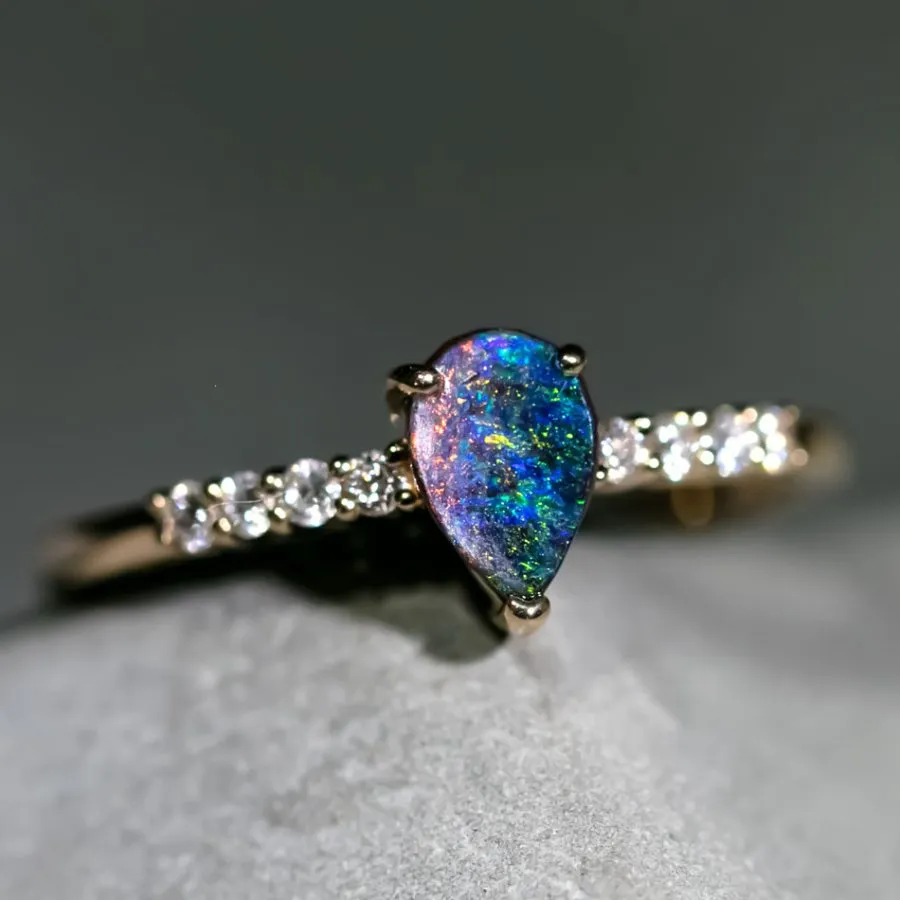 Stylish Two Color Boulder Opal & Diamond Engagement Ring 18K Yellow Gold