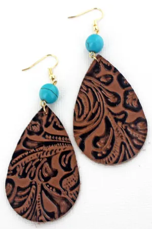 Turquoise Beaded Stamped Leather Earrings