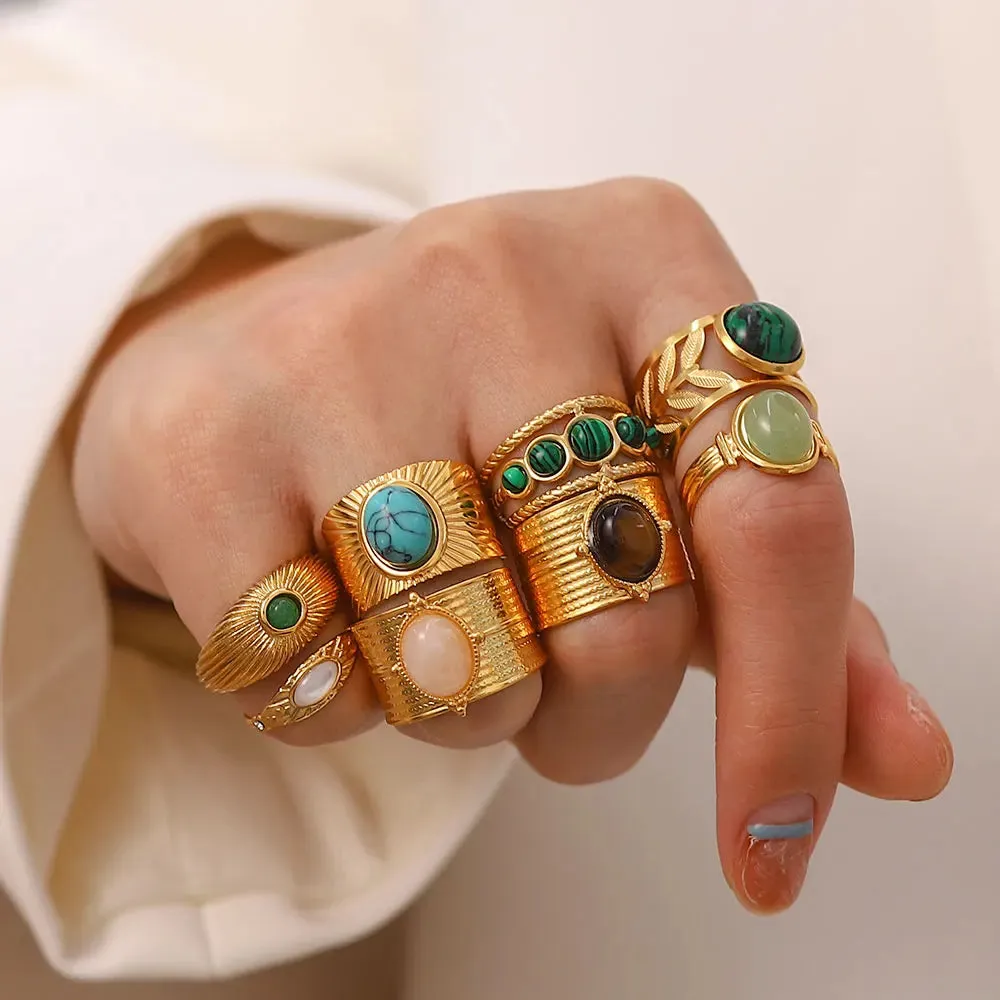 VAIGE Stylish Waterproof Natural Stone and Stainless Steel Ring Set - Elegant Golden Fashion Jewelry