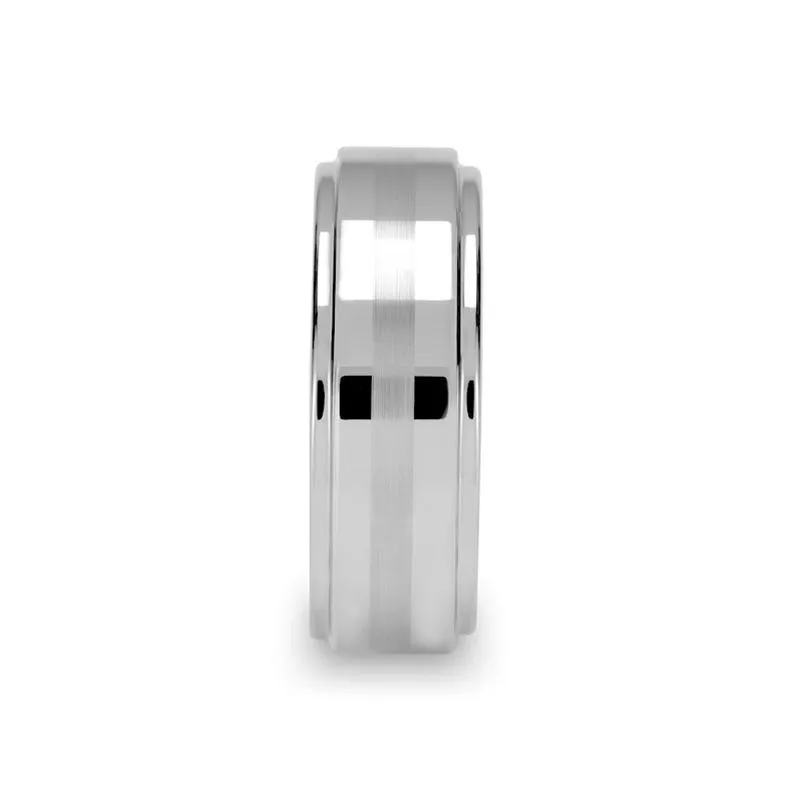 VALKYRIE | Silver Tungsten Ring, Brushed Stripe, Stepped Edge