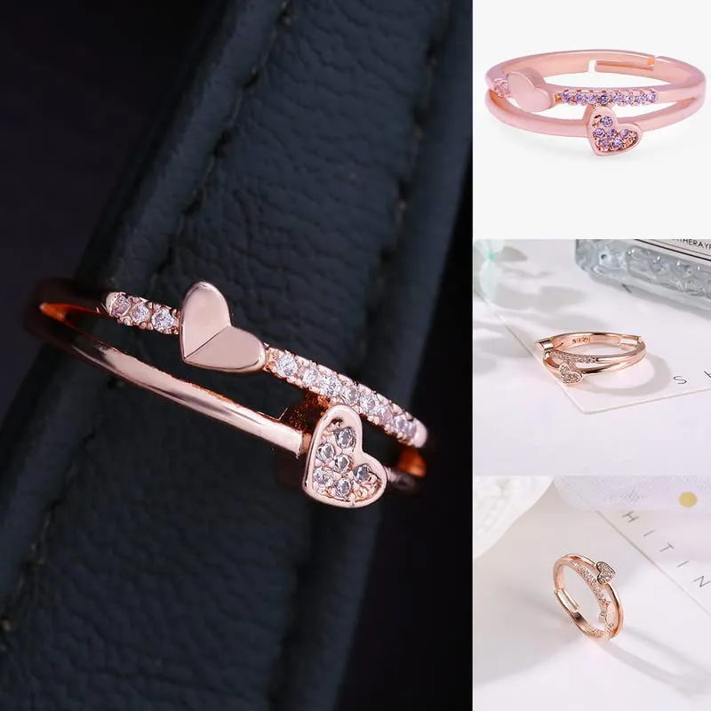 Yellow Chimes Crystal Rings For Women | Adjustable Ring Dual Heart Shaped Crystal Ring | Valentine Special Rose Gold Plated Finger Ring for Girls | Birthday Gift For Girls Anniversary Gift for Wife